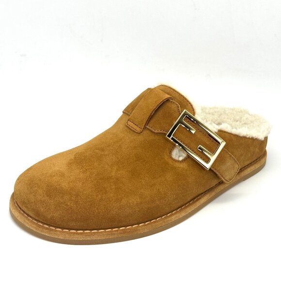 FENDI Feel FF Shearling  Buckled Sabots Mules Slides Flat Clog Sandals - Picture 7 of 15